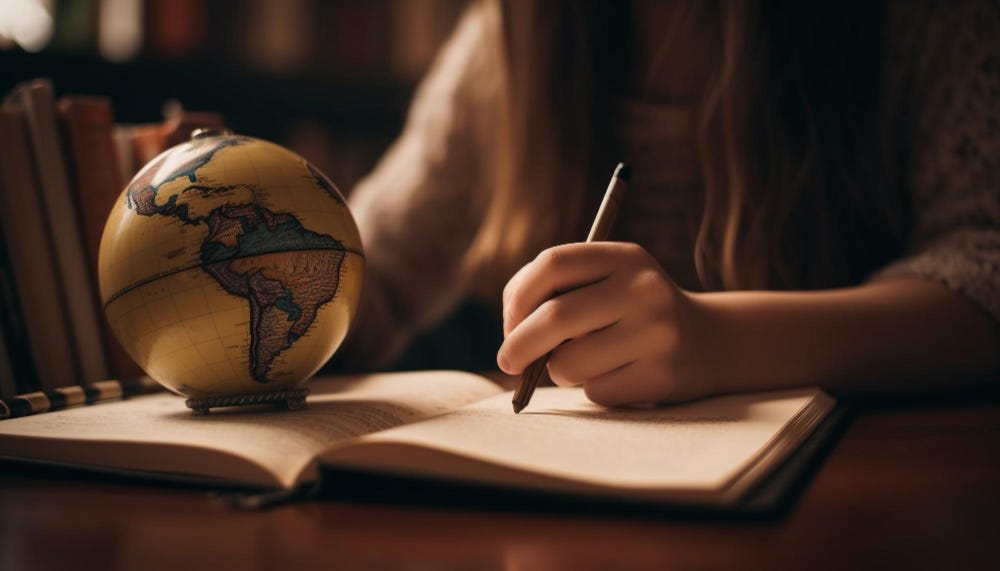 Female hands holding a pen above one side of an open book with a desk globe on the other side.