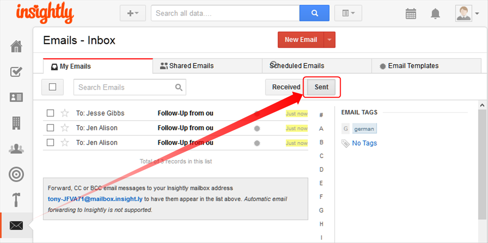 How to navigate inside of the Insightly email features. It shows a red arrow pointing from a “mail” icon to a “sent” button.