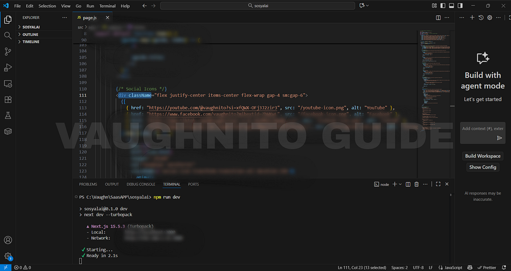 Next.js landing page displaying SosyalAi social media icons with hover glow and responsive design.