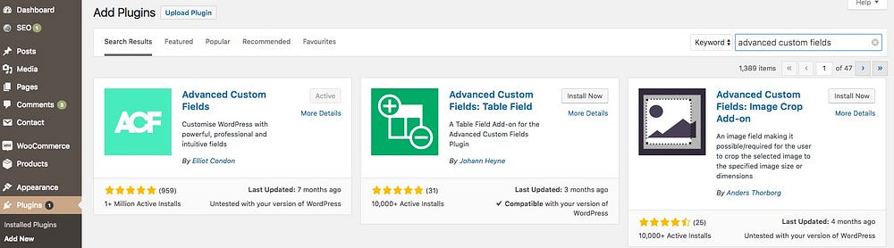 Screenshot of wordpress dashboard