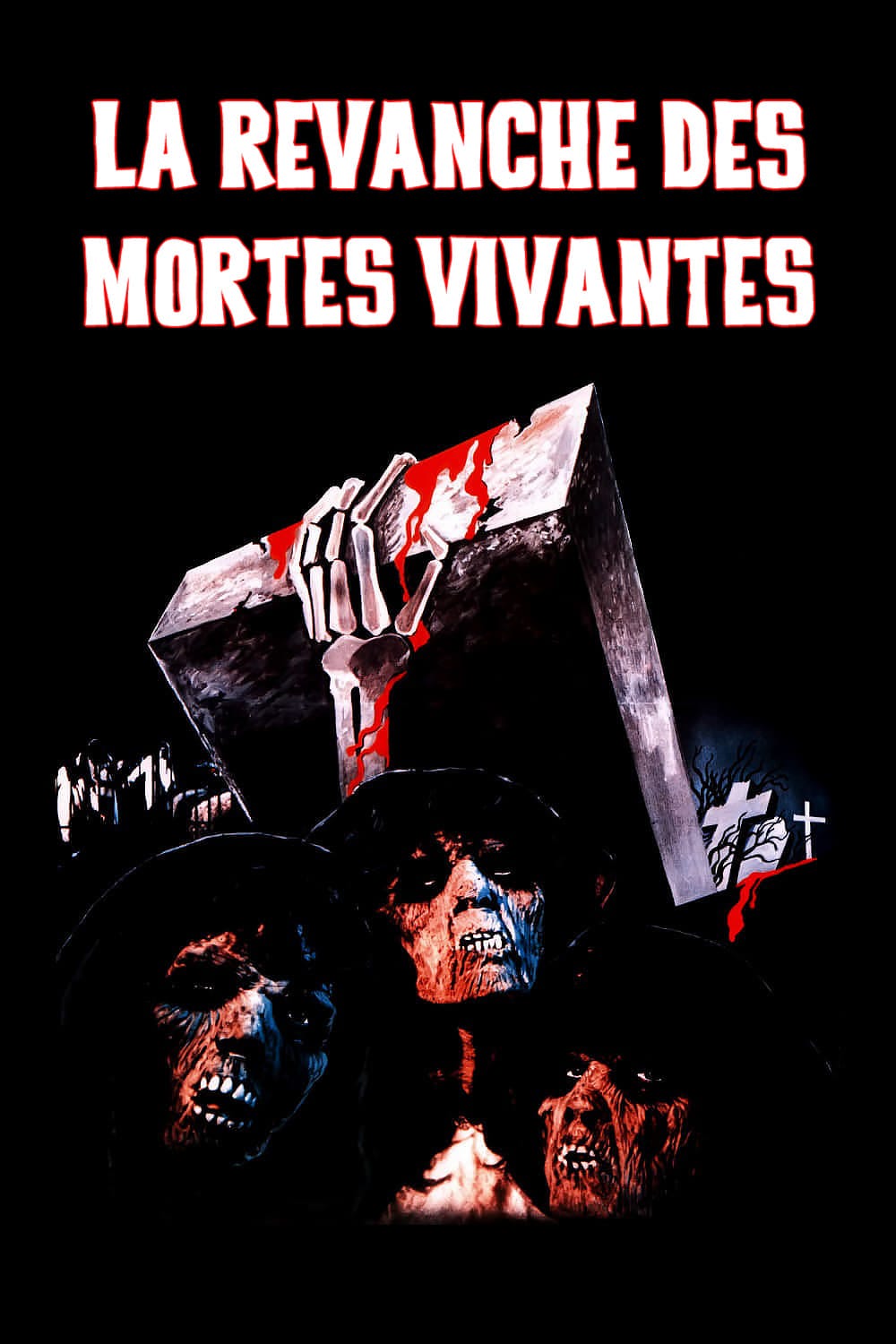 Black poster with a skeleton hand grabbing a tombstone, at the bottom lays the faces of the living dead girls.