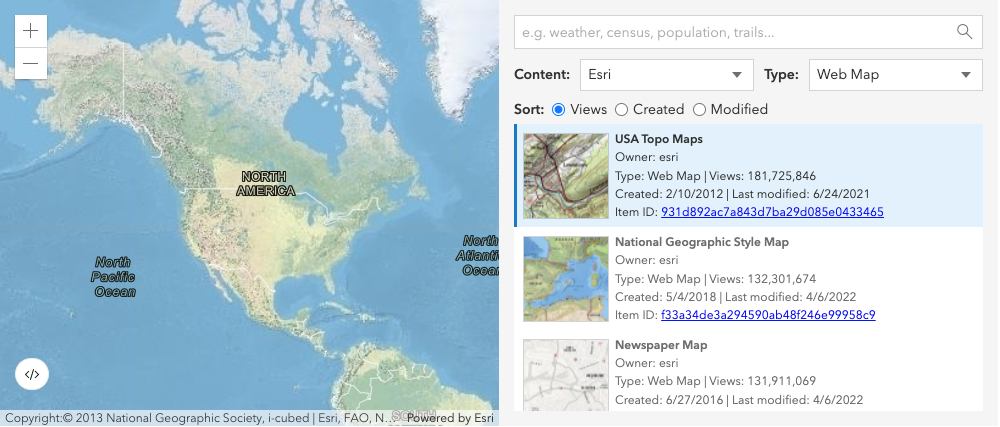 A user interface showing a map on the left and a selectable list of map items on the right