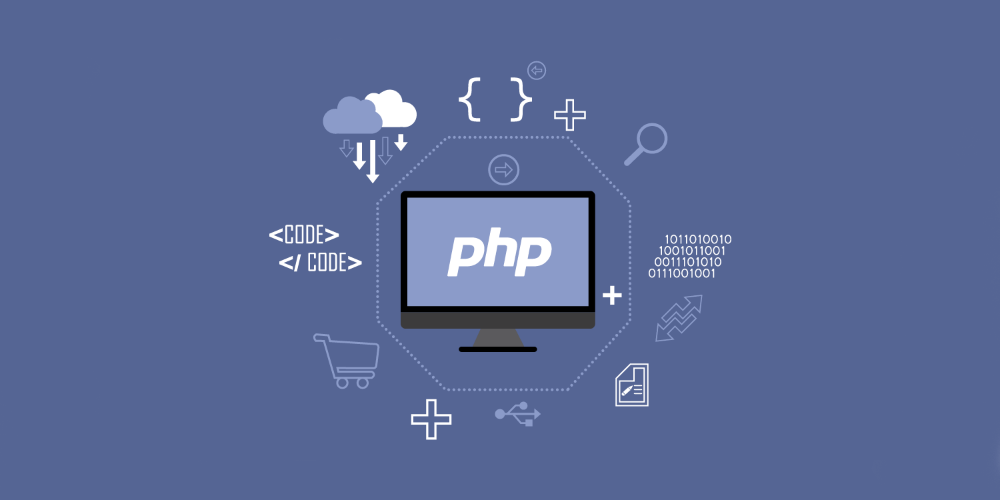 A text with the title “PHP” and a purple background