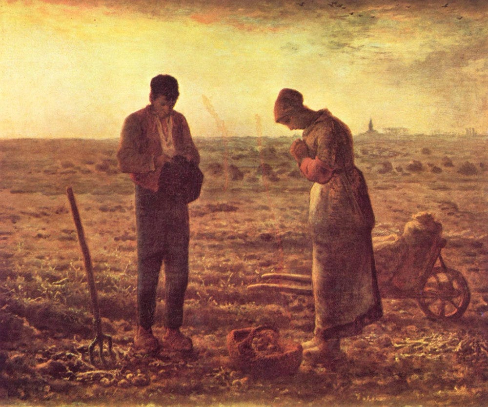 male and female farmers praying in a field at dawn