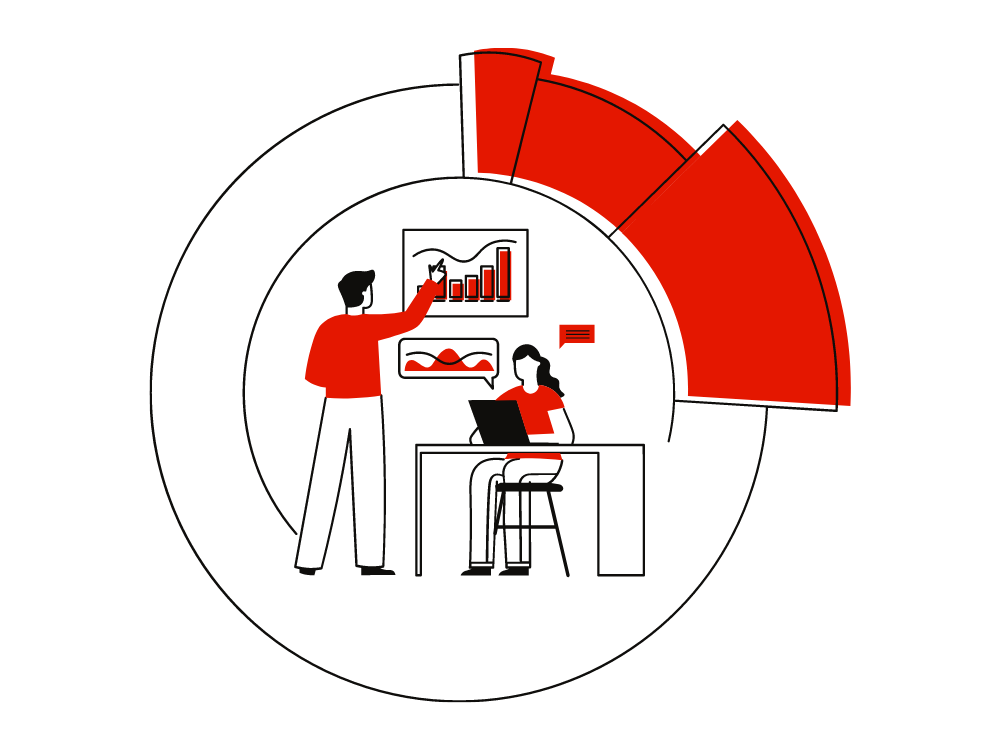 Illustration of two people working in the center of a donut chart.
