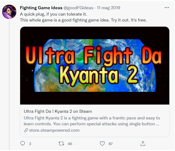 A screenshot of the Twitter account @goodFGIdeas talking about Ultra Fight Da! Kyanta 2.