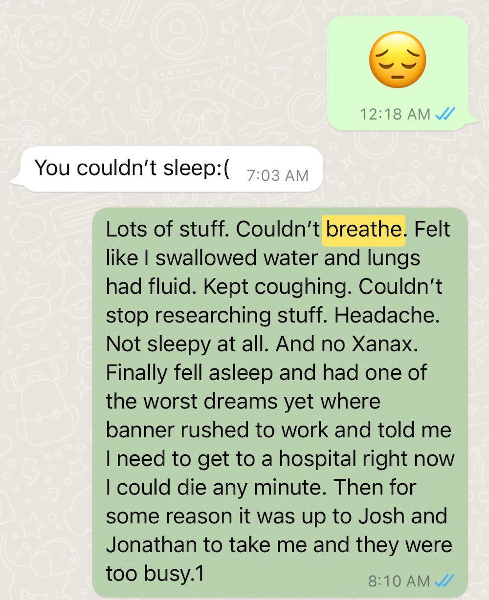 A text message from Jake describing how bad the night was dealing with anxiety and symptoms