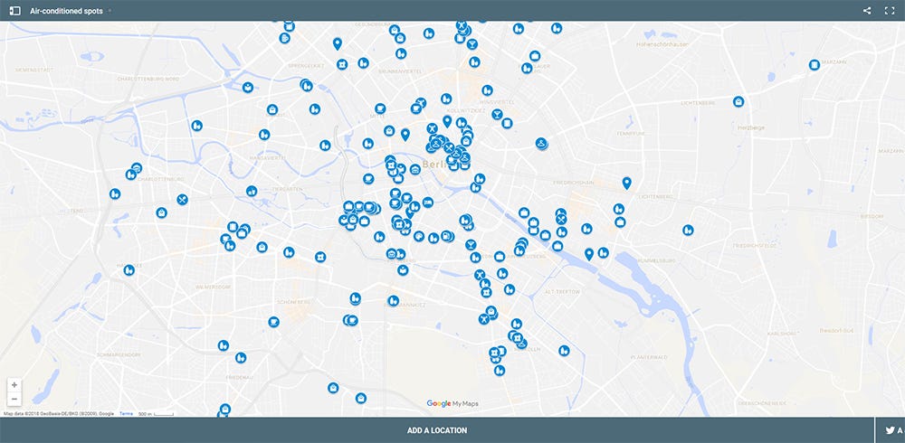 A map of pinned locations with air conditions in Berlin