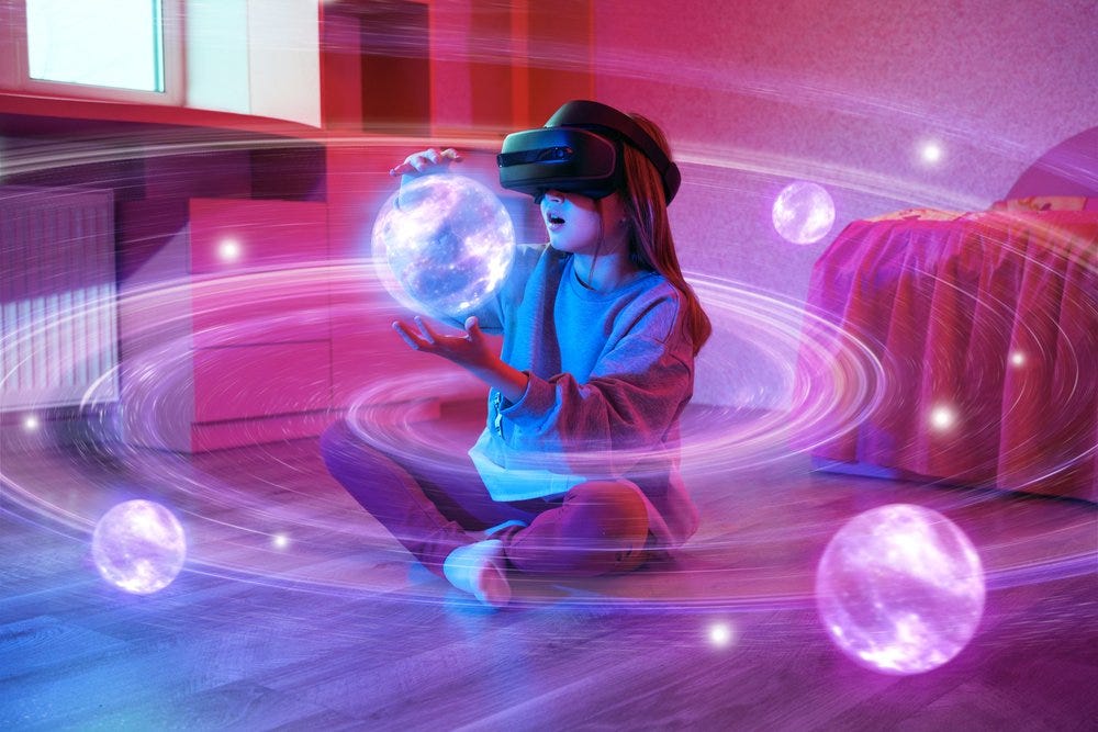 A young girl uses a mixed-reality headset to interact with virtual objects in her room. Learning will take new forms as we find new ways to interact with the digital world.