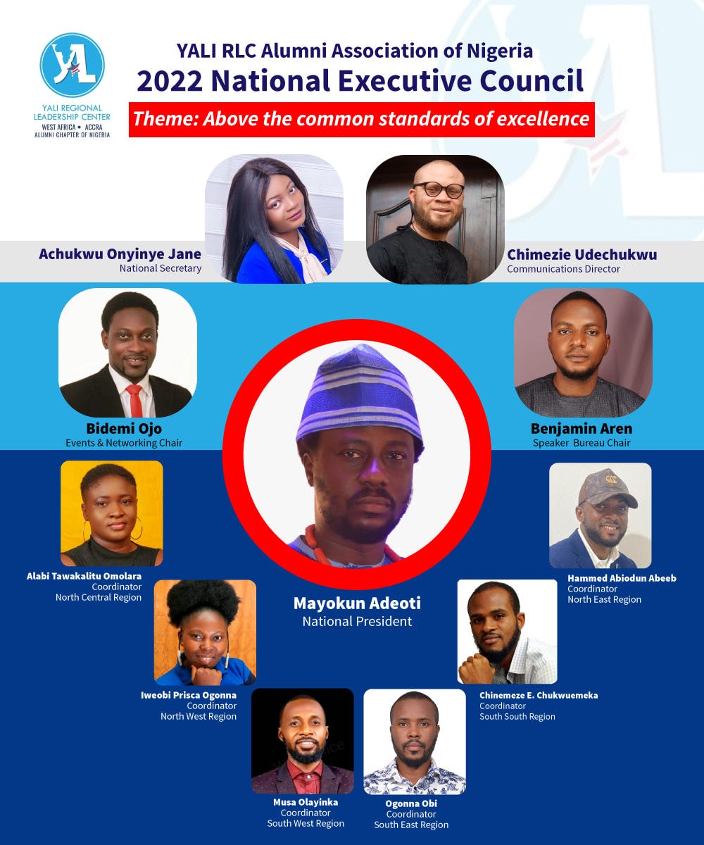 Mayokun Adeoti National President, YALI RLC Alumni Association Nigeria, and the 2022 National Executive Council