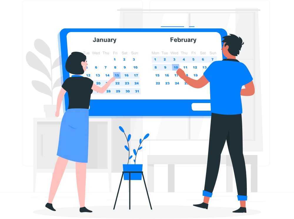 An illustration of two people interacting with a calendar and choosing specific start and end dates.