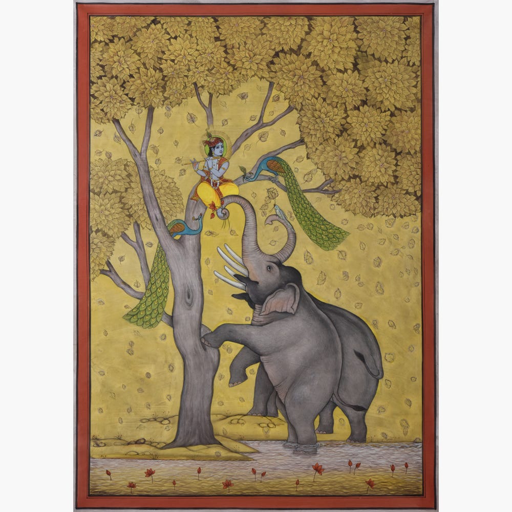 Krishna joyfully playing flute sitting on the tree with elephants in a Pichwai painting