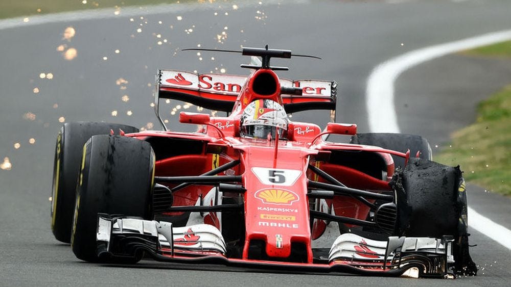 Vettel’s F1 car suffered a tire failure with 2 laps to go at the 2017 British Grand Prix and finished 7th.
