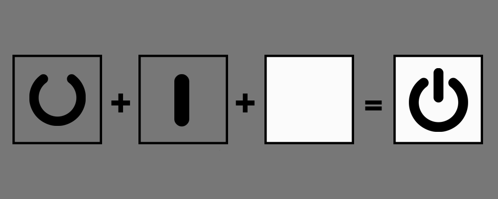 Illustration explaining how an incomplete circle and a vertical thin rectangle together form a power button when arranged in a certain manner.