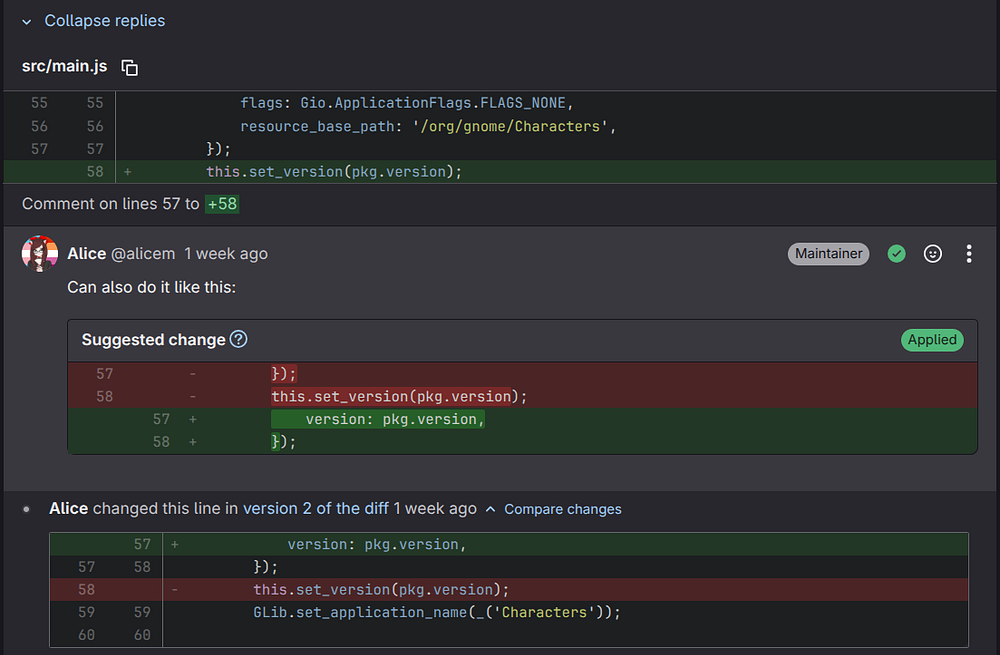 Gitlab merge request showing the maintainer replacing my one line code change with their own