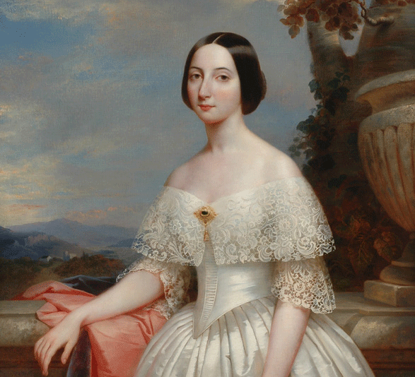 Portrait of a slender, pale young girl in an off-the-shoulders ivory lace dress. Her dark hair is in a plain updo that covers her ears. She doesn't wear jewels apart from a gold brooch