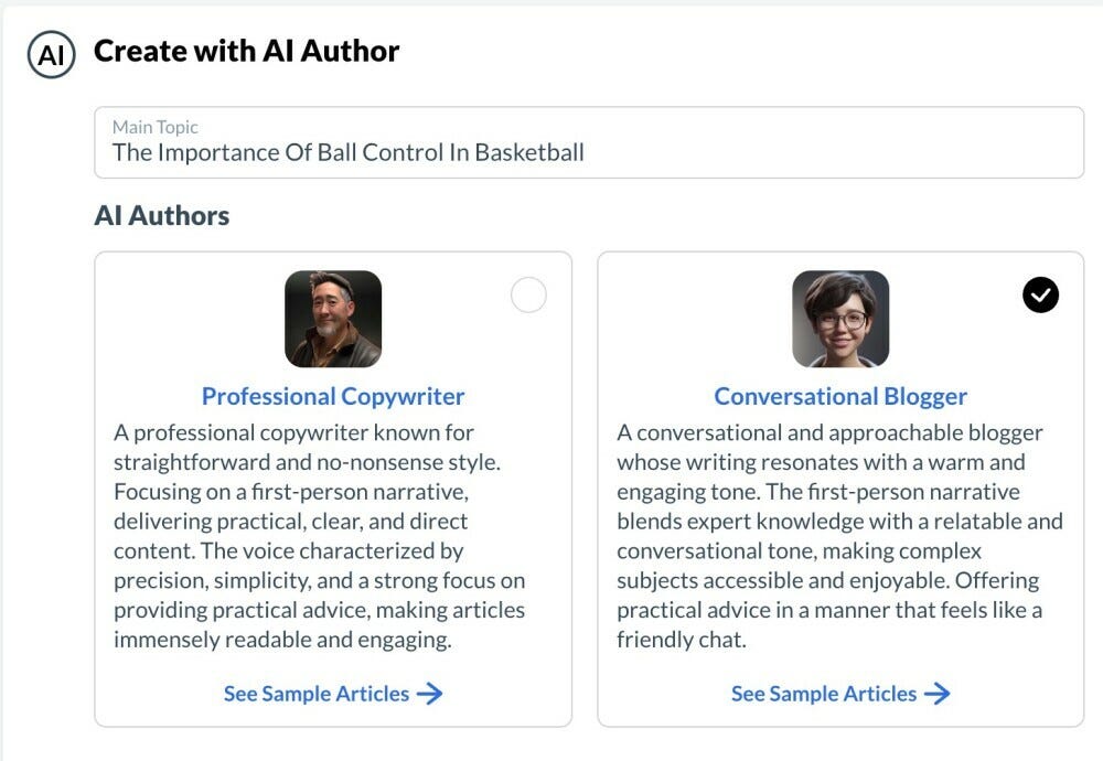 The two AI Author options available.