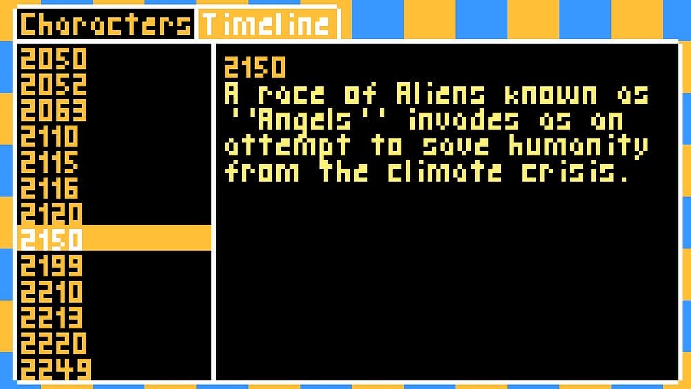 A screenshot from the Heatwave lore archive, open on the document which explains how the climate crisis couldn’t be averted even by a race of aliens called “Angels”
