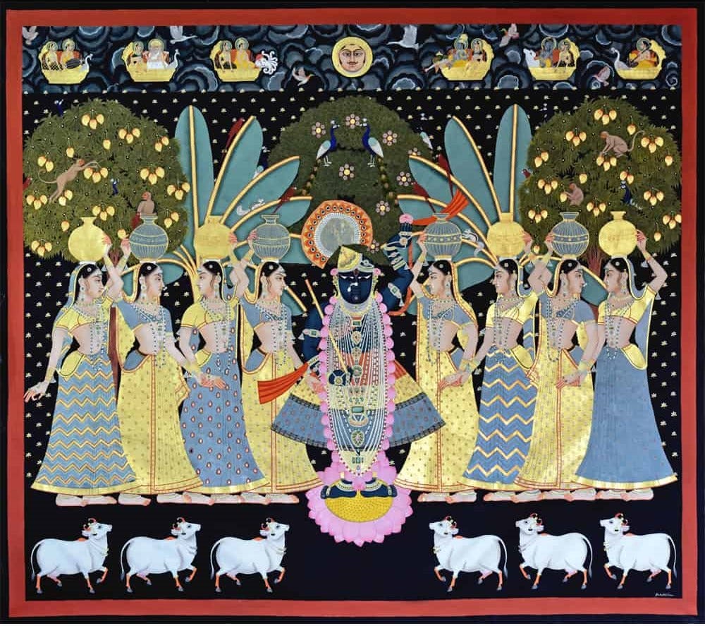 Sharad Ritu celebration with Shrinathji and Sakhi depicted in vibrant Pichwai Paintings.