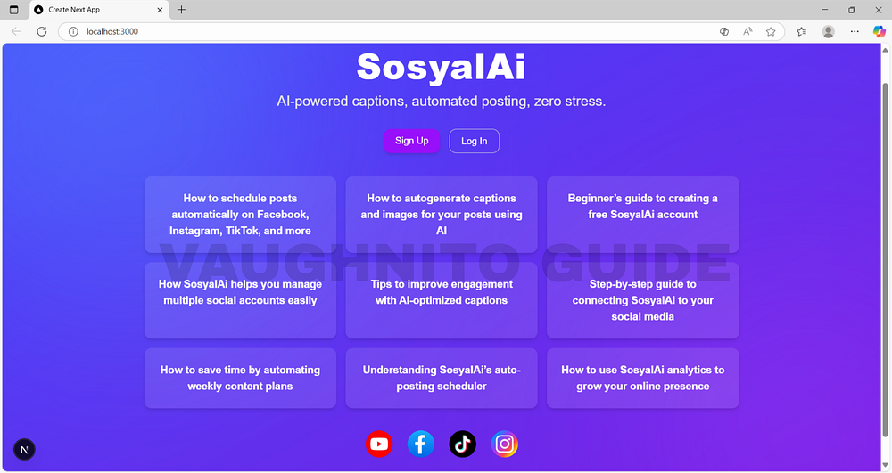 Homepage wireframe design for SosyalAi, a free social post AI automation app built with Next.js.
