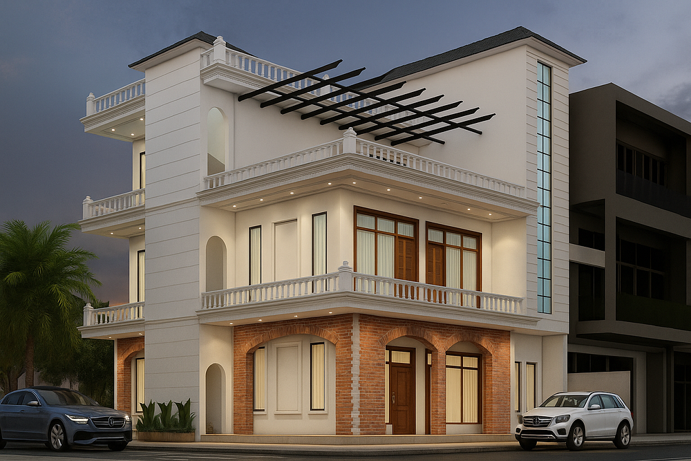 This stunning three-story residence blends timeless elegance with modern architectural details. The façade features a balanced mix of clean white finishes and rustic brick arches on the ground floor, adding character and warmth. Expansive windows with wooden frames enhance natural light, while decorative railings and sleek pergolas lend sophistication to the balconies. Subtle lighting highlights the structure at dusk, making it a perfect example of refined urban living.