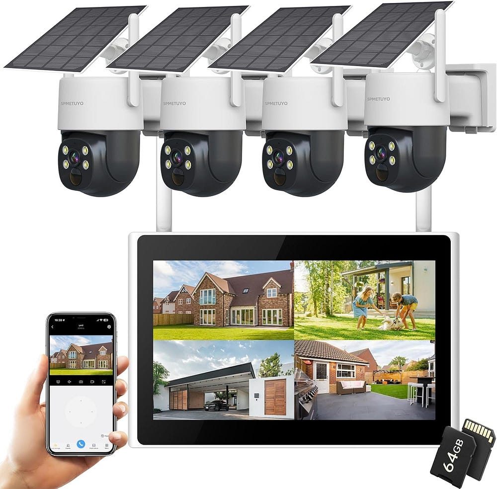 Solar Wireless Security Cameras with 10" Monitor Outdoor WiFi Security Cameras System for Home Security with 64G Card NVR Kits 360° Color Night Vision