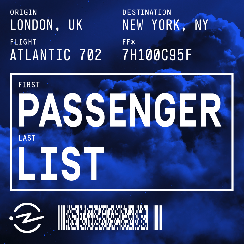 An image with a blue background overlaid with text about flight 702 from New York to London.