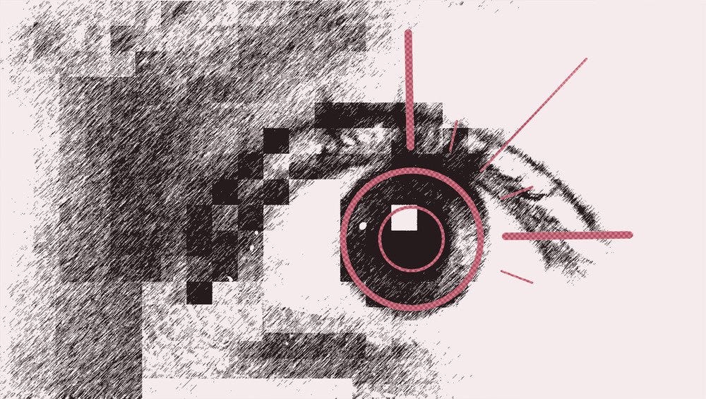 An illustration of an eye with a stylized digital marking over the iris.