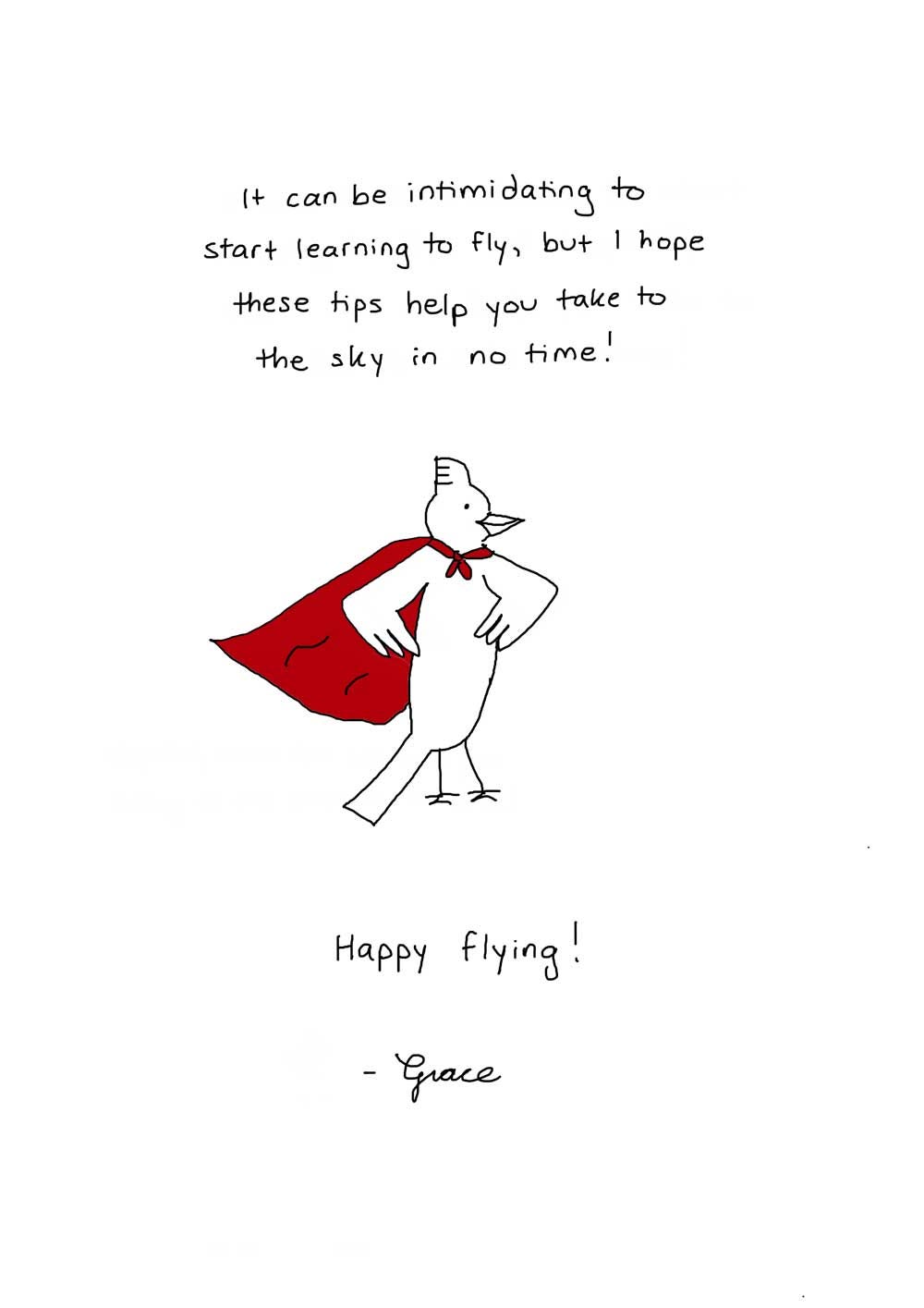 Bird stands in Superman cape with wings on hips.