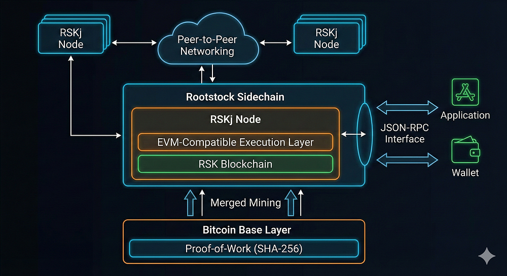 The RSKj node sits between Bitcoin's security and Ethereum's execution model, enabling smart contracts secured by Bitcoin hash power.