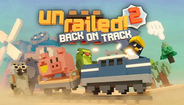 Un pingouin sur une petite réplique de train, un cochon et une grenouille à l'arrière, le tout dans un paysage de lego. Le titre du jeu 'unrailed 2 back on track' est écrit sur l'image.