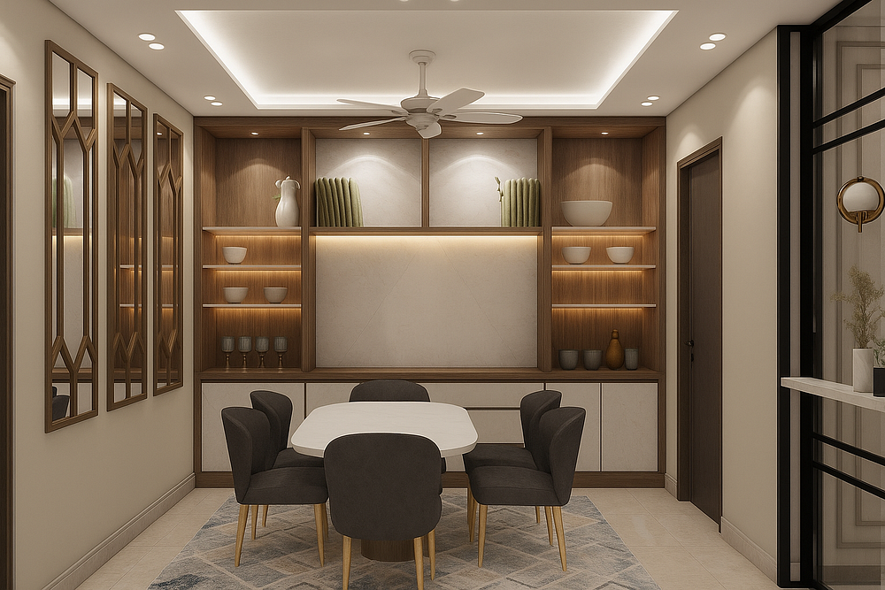 This dining space reflects a harmonious balance of modern elegance and functionality. A sleek white dining table with plush upholstered chairs anchors the room, while warm wooden cabinetry with open shelving creates a refined backdrop. Soft lighting highlights decorative elements, adding depth and charm. The mirrored wall panels enhance the sense of space, while the neutral tones and minimal decor ensure a cozy yet sophisticated dining experience.