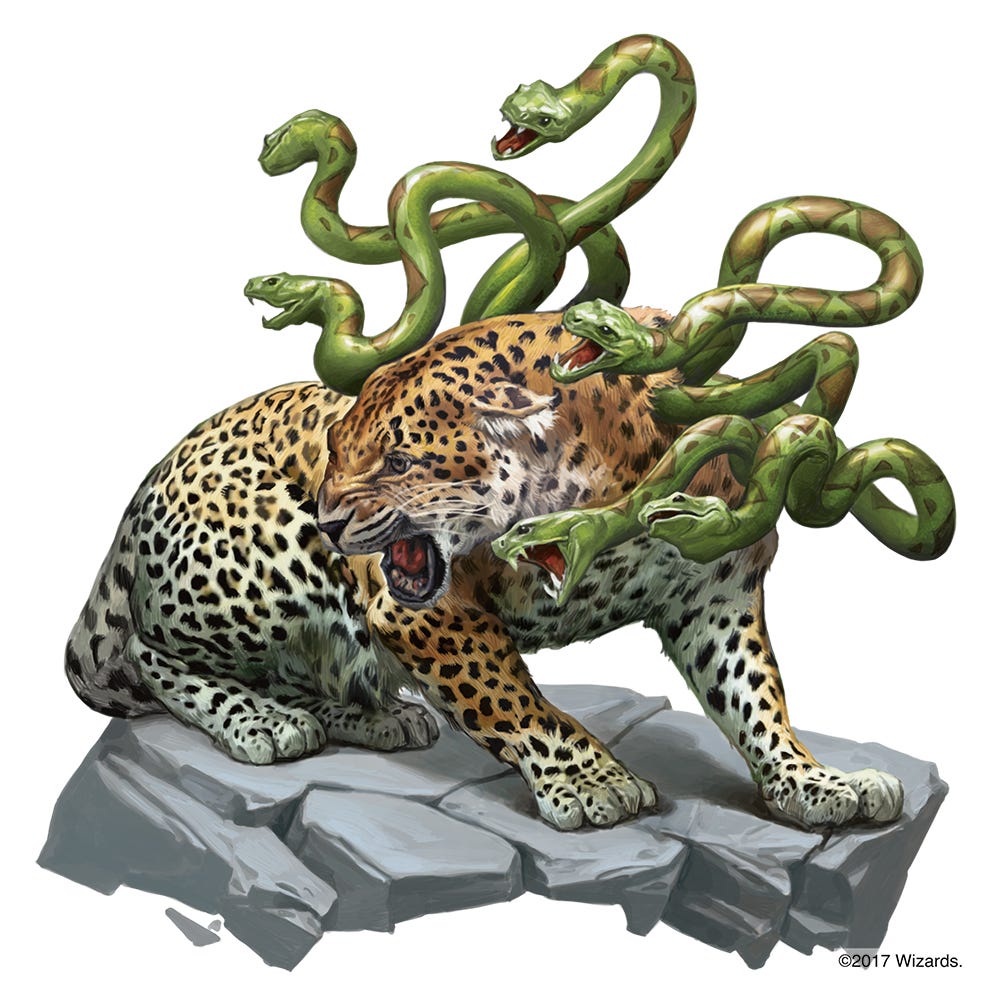 A leopard with six serpents attached to it.