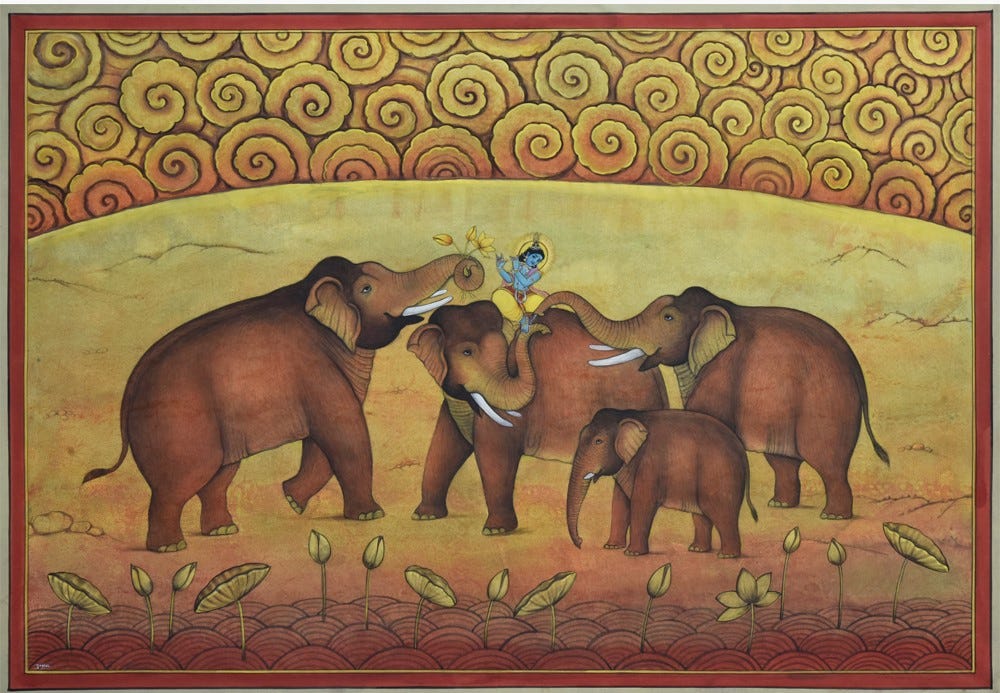 Elephant family with Krishna in vibrant Pichwai artwork