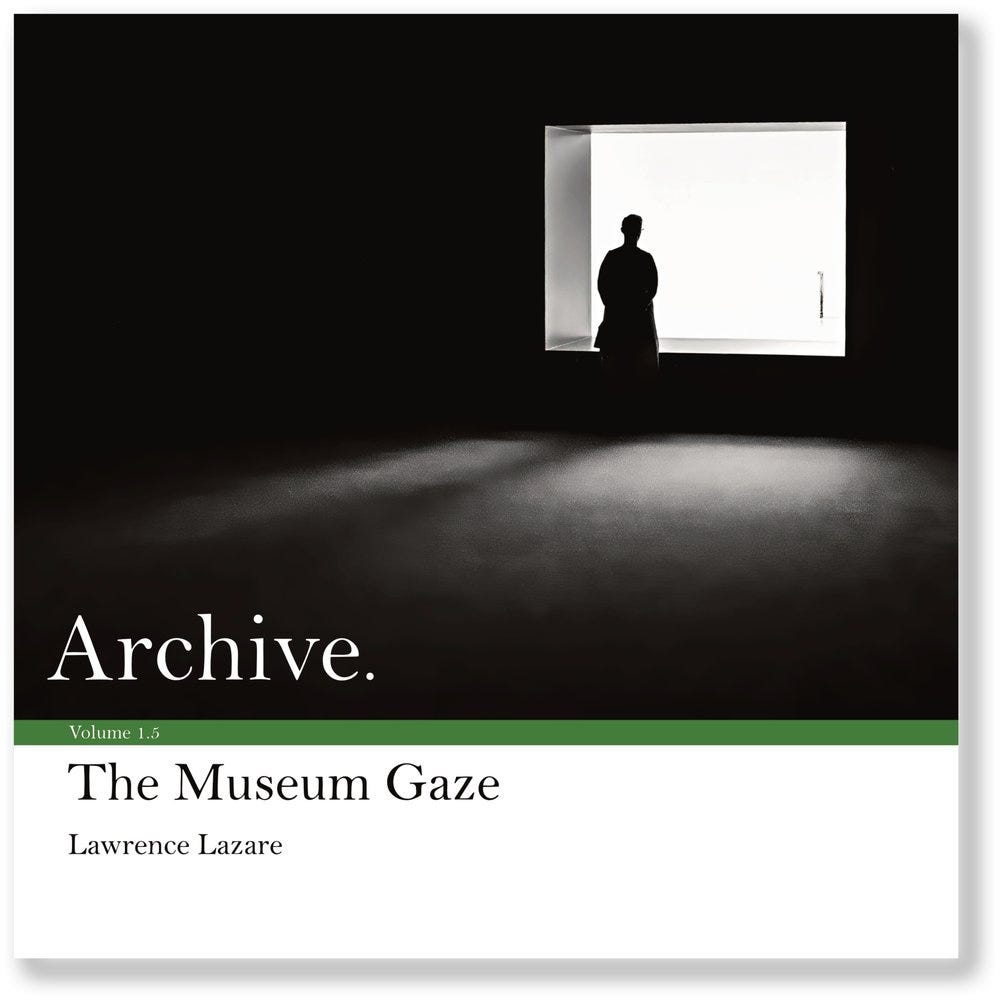 A photo of the Cover of Volume 1.5 of Archive. It shows a high contrast black and white image of woman sillouted in against a stark white window which contains the work of art she is gazing at.