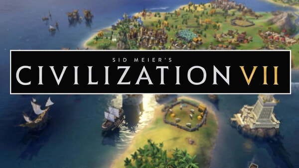 Une vu du haut d'une carte d'un territoire entrain de se développer avec des vastes étendues naturelles, mais également des bâtiments, maisons et bâteaux voguants sur les mers. Le titre du jeu 'Sid's Meier's Civilization VII' est écrit sur l'image.