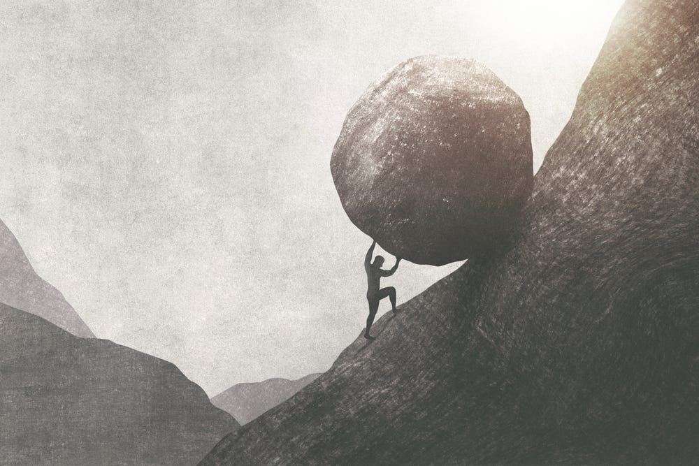 illustration of a man pushing a giant rock up a mountain to represent chapter 12 of Greg Lindberg’s new book