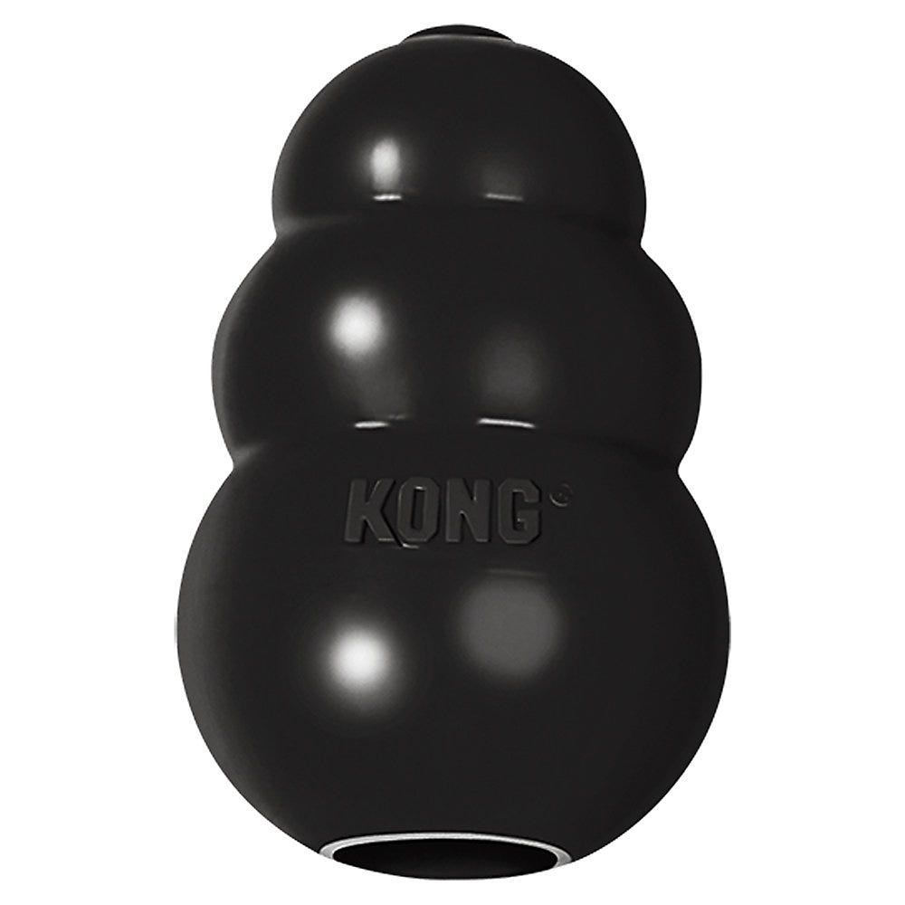 Black rounded pyramid shaped kong dog toy.