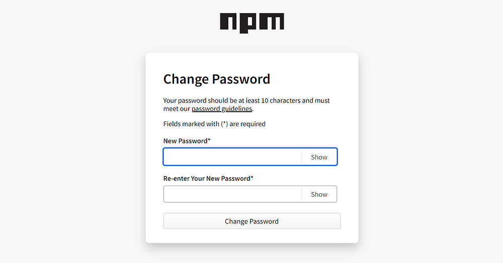 Change password page on npm website