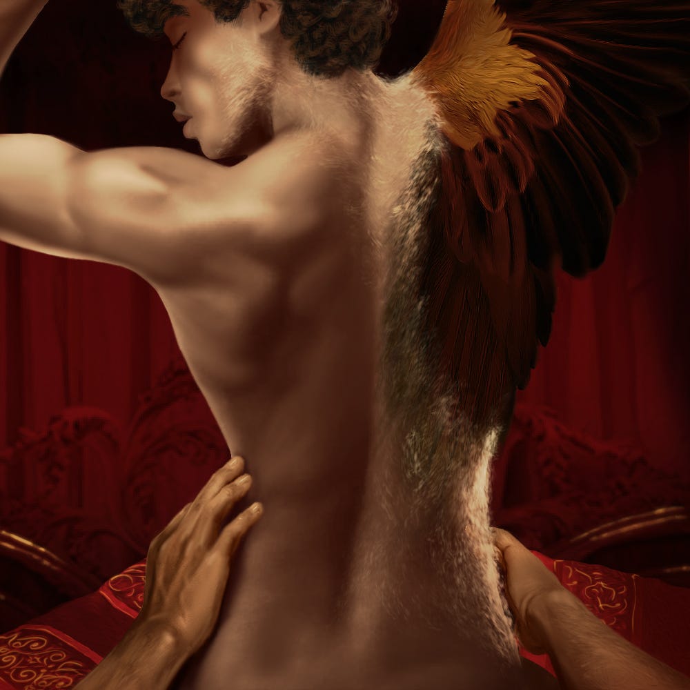 Fantasy setting in red. Back of a woman of color with one wing and another person’s hands on her hips.