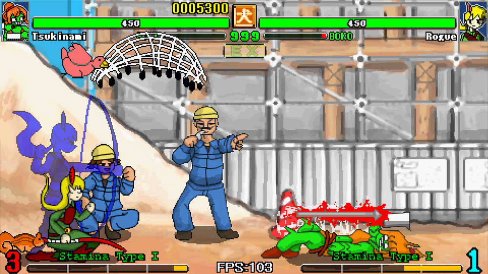 This screenshot showcases Kyanta’s benchmark mode, which is an automated match between the characters Rogue (an archer elf) and Tsukinami (a female ogre with a cleaver and a net), fighting in a construction site, in front of the workers. The game shows the number of FPSs for the whole duration of the match and assigns a score to your PC based on it.