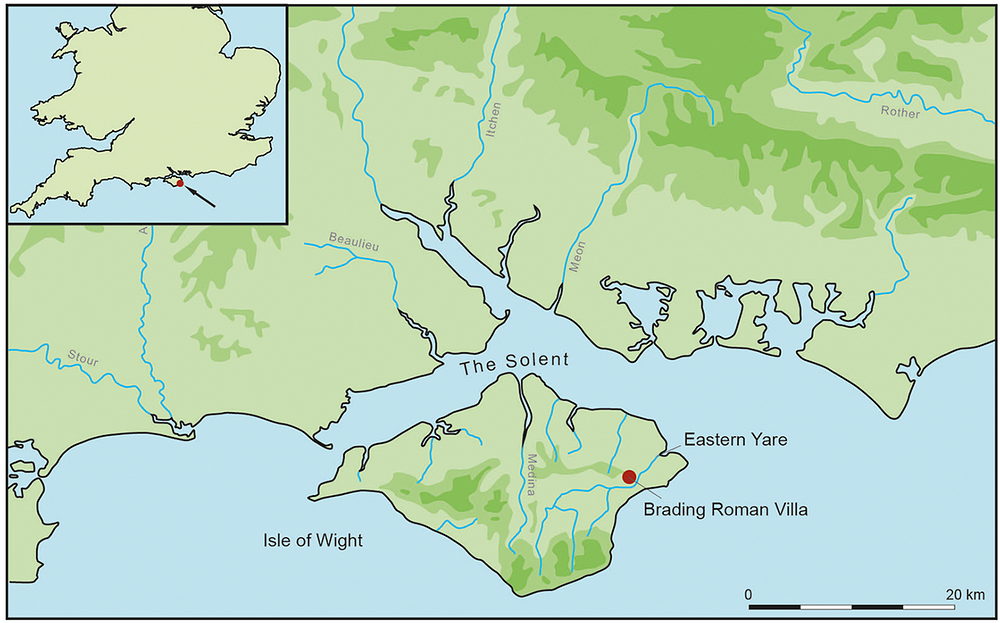 Map showing location of Brading Roman Villa on the Isle of Wight located on the east of the isle on the Eastern Yare river: Credit: Fulford and Hamilton 2026