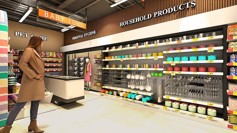 A modern supermarket aisle designed by ArchitectsHive, featuring neatly arranged household products, utensils, and colorful containers on the right shelves. Above, signage highlights sections like Baby Food, Pet Care, and Personal Hygiene. A mannequin in a pink coat is displayed near the hygiene products, while a woman in a tan coat walks past the refrigerated counter. The bright and organized layout reflects a customer-friendly retail interior design.