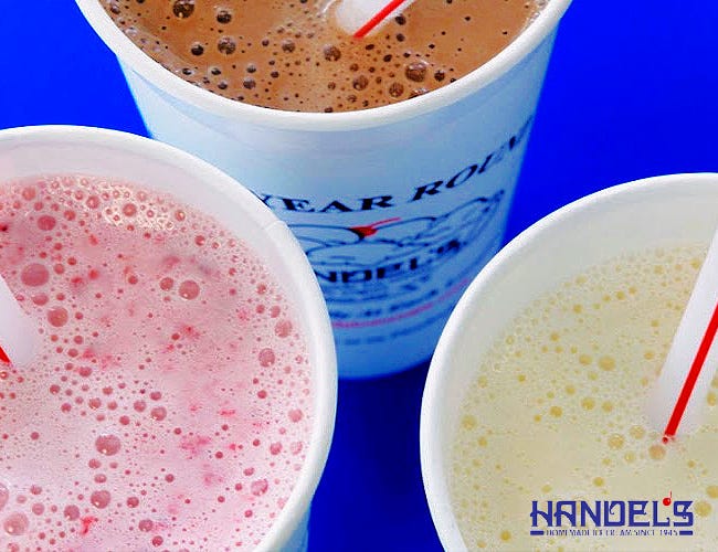 Milkshakes served at Handel's Homemade Ice Cream. Aside from ice creams served in cones their menu also includes other desserts and beverages including shakes and sherbets