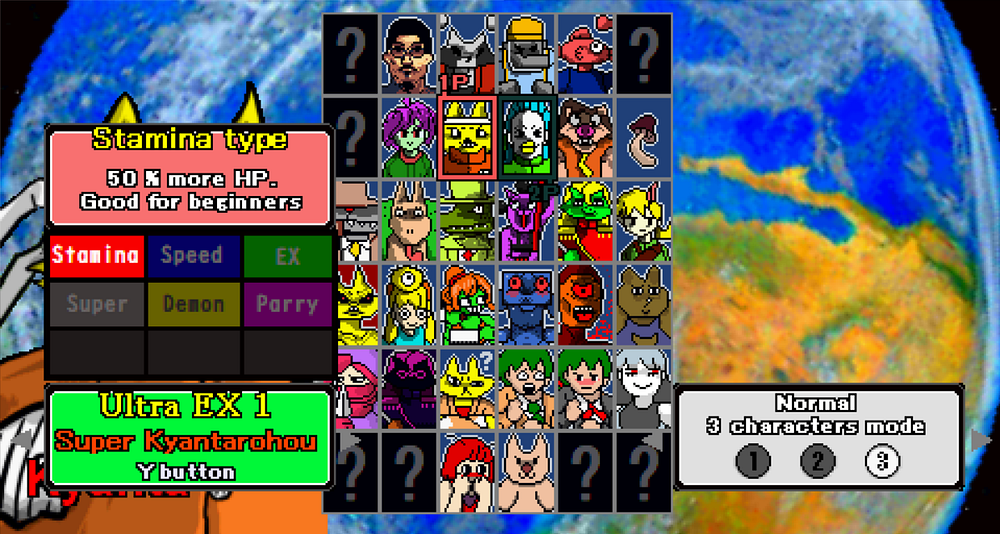 This screenshot shows the same character selection screen as the previous one, but now focusing on the subsystems (number of characters in the team, selected character Type, selected Ultra move).