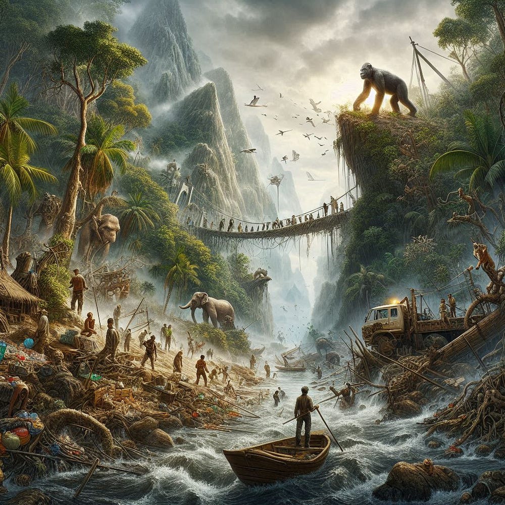 Visual portrayal of challenges in off-grid living. Illustrates potential difficulties such as resource management, isolation, and adapting to natural elements in a wilderness setting.