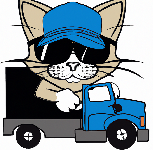 A cat driving a truck, wearing a trucker hat and sunglasses