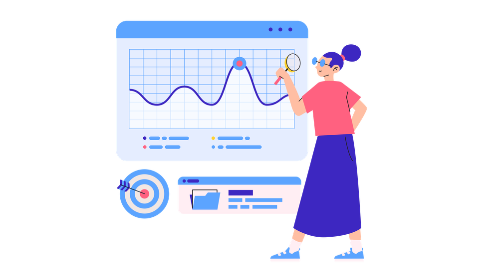 An illustration of a girl showing data visuals in a screen