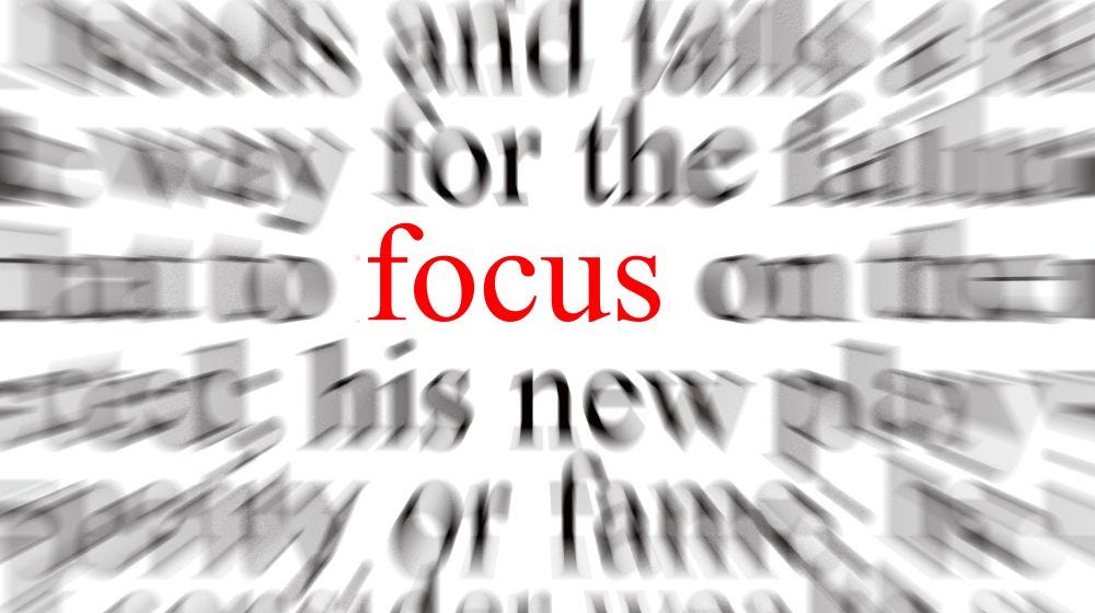 The word ‘focus’ sits in the middle of the image, the words around it on a page are blurred.