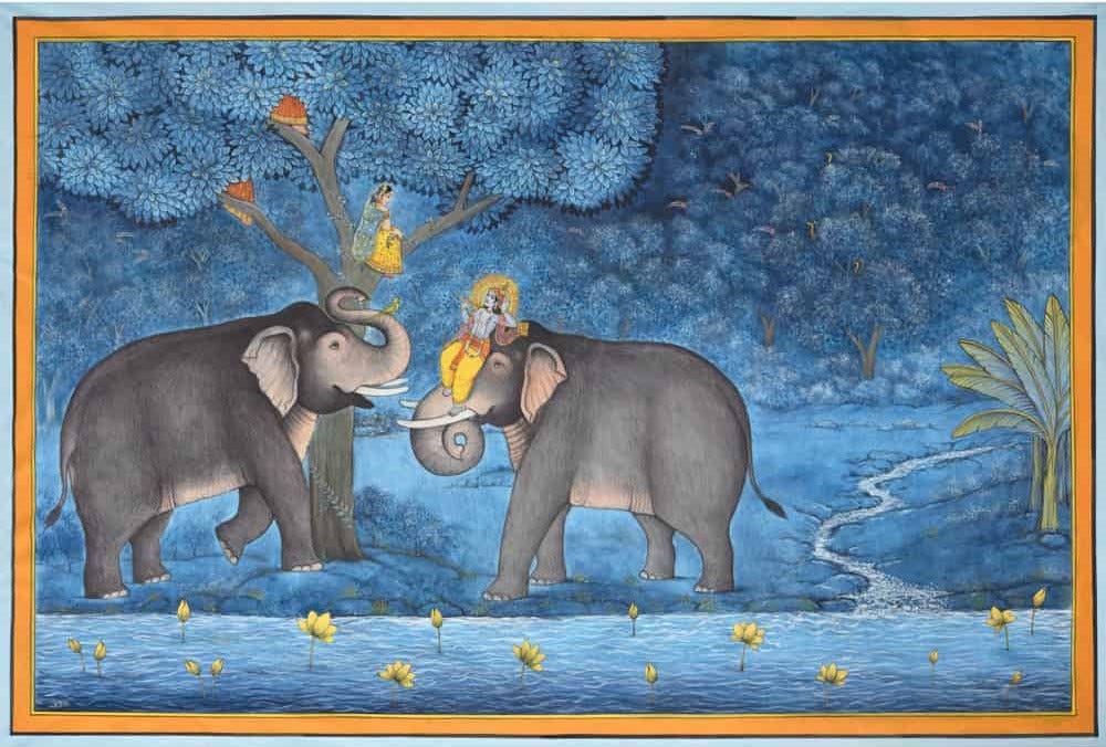 Radha and Krishna amidst elephants in traditional Pichwai art.